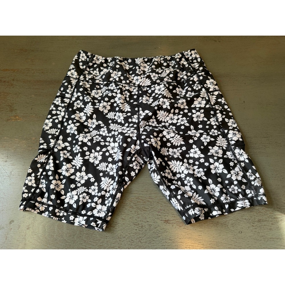 Black White Floral High Waisted Bike Shorts with Pockets XL Tropical Athletic